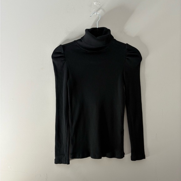 AMO Puff Sleeve Turtleneck Ribbed Long Sleeve Shirt Minimalist Black - Picture 2 of 6